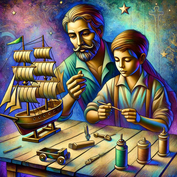 A father and son build model ships together at a workbench