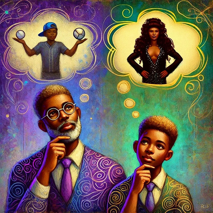 Thought bubbles: A father imagines his son as a baseball player while the son imagines himself as a drag queen